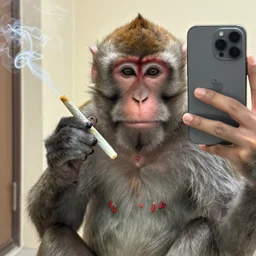 Monkey holding and smoking a fat joint, iPhone selfie