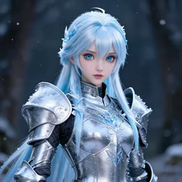 portrait focus of knight beautiful 3D anime girl, silver Frozen ice armor wearing, dark forest background, snowing, bokeh, inspired by Masami Kurumada, digital painting, high contrast, unreal engine render, volumetric lighting, high détail