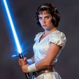 Princess Leia holding a blue lightsaber, by greg hildebrandt
