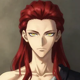 portrait of hisoka morow hunter hunter male thin lips small eyes very thin pursed lips extremely sharp jaw yellow eyes almond almond eyes squinting eyes dark red hair soft hair slicked back crimson hair anime, madonna genderbend elegant, highly detailed, digital painting, artstation art by artgerm and greg rutkowski and alphonse mucha