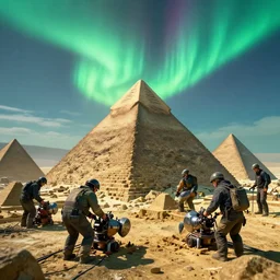 a group of automatic mining machines building pyramids by greg ruthkowski and craig mullins, complete absence of sunlight with aurora borealis in the background, close up peter mohrbacher, featured on artstation, octane render, cinematic, rugged, intricate, 8 k