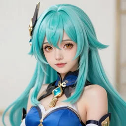 portrait of a beautiful girl with long turquoise hair, big brown eyes, and a blue dress, intricate jewelry, genshin impact, realistic anime, sharp focus, octane render, trending on artstation, 8k