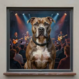 a photorealistic highly detailed painting of pitbullat a concert in to a cozy window by johfra bosschart, lisa frank, kinkade, visionary art, dark fantasy art, high detail, trending on artstation