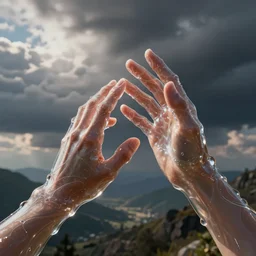 hands making contact in the metaverse, organic liquid textures, abundent in details, transparent, surreal dramatic lighting
