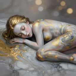 3 d female body silhouette sleeping in marble liquid acrylic fluid, cinestill, bokeh photography, photography by amy leibowitz and volfgandg schneider, bodypainting, painting by morava and goldalh, artstation, epic concept art, beautiful female face matte painting