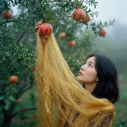 a closeup portrait of a woman wearing golden spider silk sea silk seaweeds, picking pomegranates from a tree in an orchard, foggy, moody, photograph, by vincent desiderio, canon eos c 3 0 0, ƒ 1. 8, 3 5 mm, 8 k, medium - format print