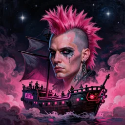 punk big beautiful face, space, dark, stars, pirate neon ship with punks on board, mohawks, neon, oil painting, pink, rich deep colors masterpiece, ultra detailed, contrast, heaven pink, punk rock with mohawks, clouds, sky, volumetric light, atmospheric lighting, dramatic, cinematic, moody, octane render 4 k, 8 k