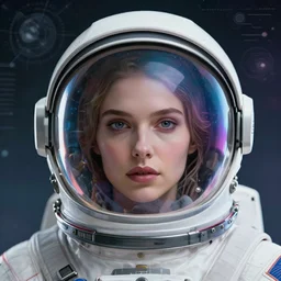 retrofuturistic portrait of a woman in astronaut helmet, reflective gradient smooth transparent visor, space graphics art in background, close up, quint buchholz, wlop, dan mumford, artgerm, liam brazier, peter mohrbacher, raw, featured on artstation, octane render, cinematic, elegant, intricate, 8 k