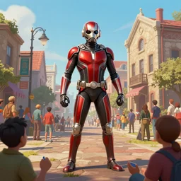 Giant Ant-Man stands next to a town, surrounded by people, digital art, trending on ArtStation, Gulliver's Travels