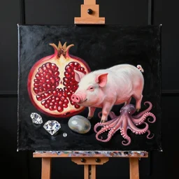 painting of a black painted canvas on an easel in a dark room with black walls, pomegranate, pig, pork, octopus, large diamonds gems, smooth stone, oil on canvas