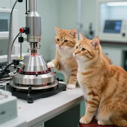 1 9 8 0's color photo, cute orange cats, supervising nuclear laboratory experiments