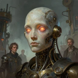 an epic illustration of consciousness emerging into a language model ai humanoid head and glowing eyes, in the style of greg rutkowski and drew struzan and algernon blackwood, realistic digital painting, brutalist futuristic, steampunk lighting