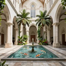 beautiful cathedral interior with! koi pond in the middle! surrounded by palm trees, ivy, flowers, tropical plants,! roses!, and with archways, rendered in octane render with photorealistic volumetric lighting, cinematic,!! horizontal symmetry!!!,! symmetrical!, a flemish baroque by thomas cole, sanctuary, unsplash contest winner, maximalism, sanctuary