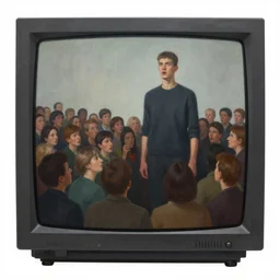 a surreal painting of a crt television broadcasting propaganda out of the screen, this results in lots of people with no eyes. there is one normal person with eyes, a young man, he looks tall and strong but he is frightened about what is going on around him s 1 5 0
