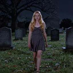 a low - quality vhs video from 1 9 9 0 of elle fanning wandering a moonlit cemetery