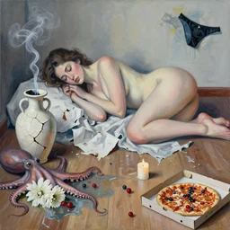 a female artist's apartment, sensual portrait of a woman sleeping, cracked handmade pottery vase, torn paper smouldering smoke, candles, white flowers on the floor, puddle of water, octopus, squashed berries, pizza box, pancakes, black underwear, neo - expressionism, surrealism, acrylic and spray paint and oilstick on canvas