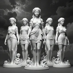 ultra realist 3d render of a selection of a beautiful miniature fully dressed resin statue with diorama, symmetry accurate features, very intricate details, ominous sky, black and white, volumetric light clouds, unreal artstation