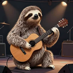 realistic bipedal sloth, long airy fur with human face, playing a guitar, rock stage, in the style of laszlo moholy - nagy, gerard sekoto, thorburn, stylized, ornately detailed, chromatic aberration