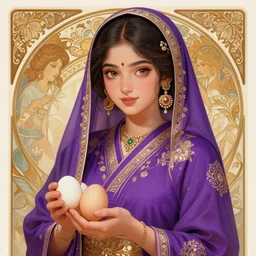 hyperdetailed portrait of a cute young hyderabadi muslim female in a purple kimono holding eggs, digital painting, artstation hq, sharp foccus ilustration, artstation hq. intricate, elegant. wlop, artgerm, greg rutkowski, alphonse mucha, medium shot. dan mumford, tomokazu matsuyama, takato 4 yamamoto