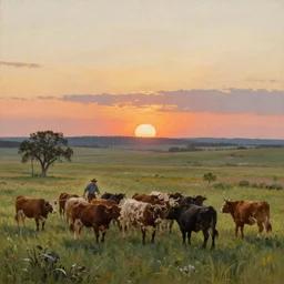 a highly detailed painting of a beautiful prairie landscape at sunset with a lone rancher desperately trying to corral 100 cattle, Normal Rockwell