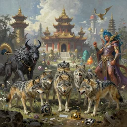 wolves and their treasures. colourful spirits guard treasures of a thousand temples. octane render, highly detailed digital painting by david caspar friedrich and h. r. giger
