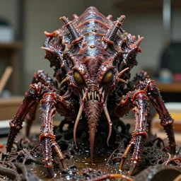photo taken of an epic intricate, ultra detailed, super realistic sculpture of a wet, slimy, nightmarish hellish demonic trilobite creature on display in a workshop, created by weta workshop, zoomed in shots, photorealistic, sharp focus, f 0. 4, face centred, macro photography, golden ratio, kodachrome