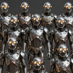 multiple lithographic depictions full of metallic men with emissive round ocular eyes and a radiator like mouth, with corrugated limbs and plated armoring across their entire body