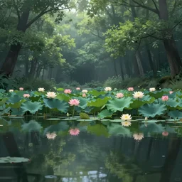 a mirror like pond, by alan lee, springtime flowers and foliage in full bloom, lotus flowers on the water, dark foggy forest background, sunlight filtering through the trees, digital art, art station