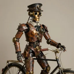 close up portrait of a life size victorian steampunk automaton standing in with a bicycle, 8 k, soft lighting, highly detailed realistic, face in focus 1 8 9 0's liminal