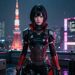 A hyperrealistic portrait anime painting of a cyber warrrior girl wearing futuristic wardrobe, black and reddis, ultradetailed face expression trending on artstation and artbreeder, cyberpunk 2077 color heavy rainning at tokyo night, neon light rooftop, unreal 5, DAZ, 8k, unreal 5 engine render, cosplay, RPG portrait, final fantasy Vll world concept, dramatic lighting, rim lights, PS5 render quality