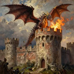 medieval fantasy oil painting, a european dragon is breathing fire upon a castle brick tower
