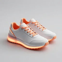 futuristic sneaker with neon illuminated rubber soles and soft orange laces on a grey surface, clean 3 d render, beautiful studio lighting, soft, sharp focus, cyberpunk, intricate detail, gold and red filigree, soft rubber, octane render, trending on artstation, deviantart, art by iris van herpen and syd mead and mucha