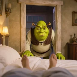 shrek creeping into room, pov from bed