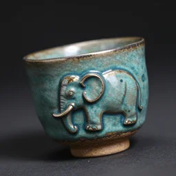 raku elephant sake cup, horse hair, raku metallic, turquoise, mottled, smokey, crackle, spot lit, deep color, translucent, tilt shift
