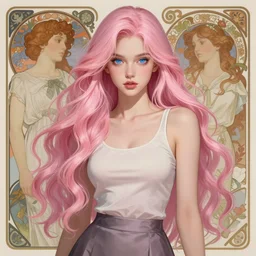 gorgeous girl with long wavy light-pink hair, blue eyes, wearing a tanktop and skirt. highly detailed, digital painting, artstation, concept art, smooth, sharp focus, illustration, art by artgerm and alphonse mucha, high definition digital art, in the style of ilya kuvshinov and Ross tran