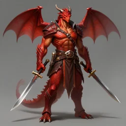 red scaled male dragonborn wearing rogue outfit, full body portrait, vertical, muscular, wielding two daggers, fantasy, digital painting, cell shading, sharp, smooth focus
