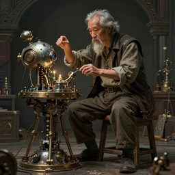 an intricate concept art of an old asian man testing his mechanical technology invention, full body shot, artstation, cgsociety, photo - realistic, style of ivan talavera and artgerm, octane render