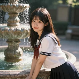 magical and mystical, illustrious makinami, school girl leaning on a fountain, octane render, rembrandt, cgsociety, artstation trending, highly detailded
