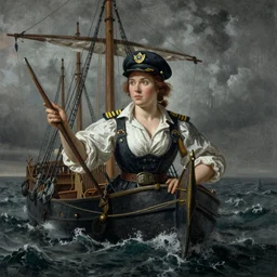 Female captain of a large ship in a storm, Rembrandt