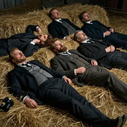 pose 6 9, hyperrealistic photo of lenin and zinoviev lying on a haystack, muted color, deep shadows and light, super detail, very detailed drawing, 8 k, cinematic lighting, epic composition, stylization for real life, stylization for social realism, fashionable art station, very high detail, stunning, hdr, smooth, clear focus, high resolution, award - winning photography, slr camera, 5. 0 mm