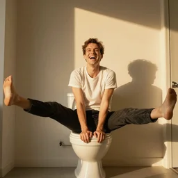 hyperrealistic Jean Claude Vandamme doing the splits, laughing, doing yoga on a toilet, golden hour, smiling, award winning