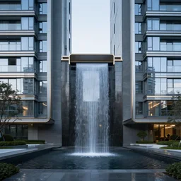 architectural design, a small waterfall between two glassy residentials, cinematic lighting, high details, realistic, manimalist