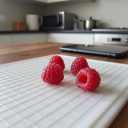 low angle, mobile photo of few raspberries lie on a сhopping board on the kitchen table, kitchen background, android cameraphone, 2 6 mm