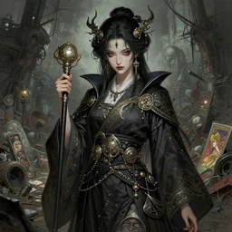 A full portrait of a beautiful terrible dystopian junktown Japanese necromancer sorcerer enchanter, intricate, elegant, highly detailed, digital painting, artstation, concept art, smooth, sharp focus, illustration, art by Krenz Cushart and Artem Demura and alphonse mucha