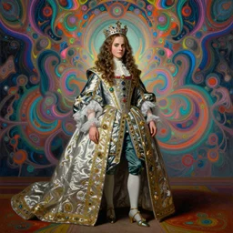 beautiful oil painting, full length portrait of Emma Watson as Louis xiv in coronation robes 1701, Dan Mumford, Dan Mumford, Alex grey, Alex grey, highly detailed , lsd visuals, dmt fractal patterns, hallucinogen, visionary art, psychedelic art, ornate, vaporwave, baroque