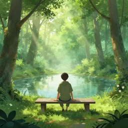 a prince sits on a bench in a forest in front of a pond in the center, green color scheme, morning, mist, sun rays, artstation,