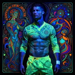 Cristiano Ronaldo, psychedelic acid trip, blacklight reactive, sexy, [[fantasy]], intricate, elegant, highly detailed, digital painting, artstation, concept art, matte, sharp focus, illustration, art by Artgerm and Greg Rutkowski and Alphonse Mucha