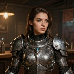 hyper detailed ultra sharp character portrait of a woman wearing hextech armor standing in a dive bar, with a realistically proportioned face, cinematic lighting, good value control, smooth, realistic shading, realistic face details, smooth, highly detailed, digital painting, concept art, painted texture maps, illustration, art by studio fortiche, painted texture maps, substance painter