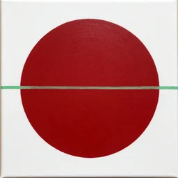 a simple painting on canvas of a dark red circle over a light green line