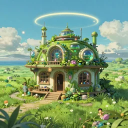 STUDIO GHIBLI, beach cottage, solarpunk, green technology, optimist future by Asher Durand. green fields, intricate artwork by Tooth Wu and wlop and beeple and dan mumford and greg rutkowski and nekroxiii. halo. octane render, cinematic, hyper realism, octane render, 8k, depth of field, bokeh. iridescent accents. vibrant.
